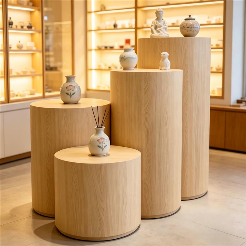 北欧风木纹色展示台服装店中岛台橱窗陈列展示台会展产品底座地台