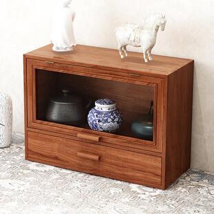 杯子置物柜桌面带抽屉翻盖玻璃木质覆古茶具茶桌收纳盒防尘高级