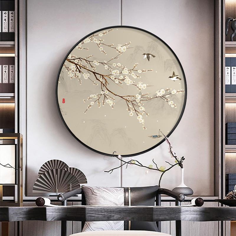 新中式装饰画圆形玄关壁画餐厅饭店挂画茶室背景墙禅意水墨花鸟画图片