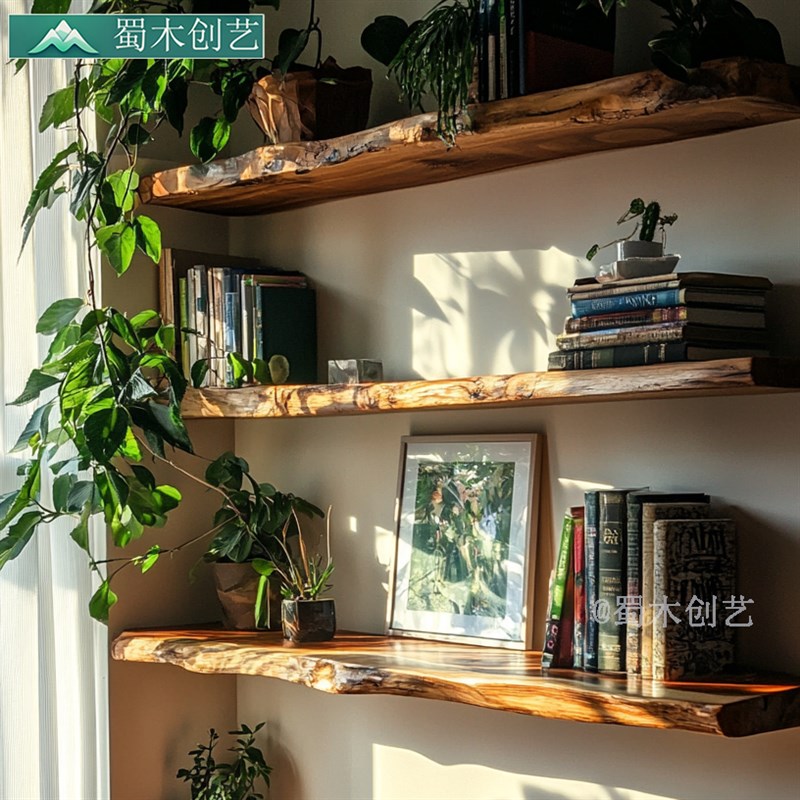 复古实木一字隔板墙上收纳置物架不规则悬浮壁挂书架茶叶杯子厨房