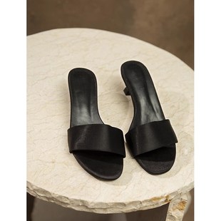 真丝绸缎露趾懒人高猫跟凉拖鞋 韩系博主一字带row鞋 新款 2024夏季