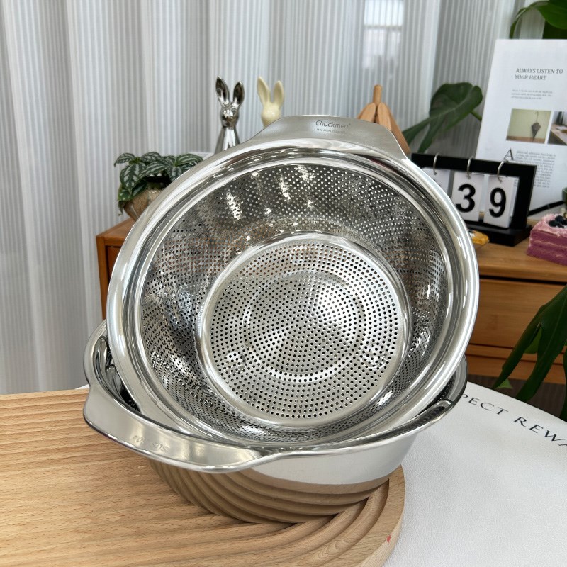 双耳加厚304不锈钢沥水篮套装洗米淘米盆水果篮两件套滤水洗菜盆