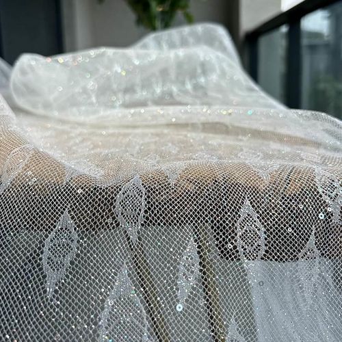 立体塑性微硬烫金撒金亮片叶子形提花网纱布料婚庆布置婚纱面料