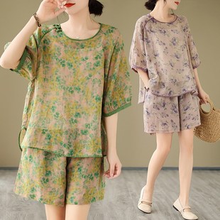 棉麻印花衬衣短裤 爆款 两件套女 2024夏季 中年妈妈宽松显瘦亚麻套装