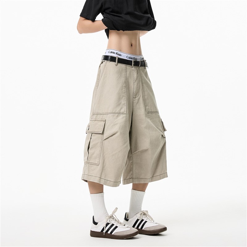 卡其色美式复古七分马裤男款潮牌大口袋工装短裤褶皱阔腿伞兵裤子