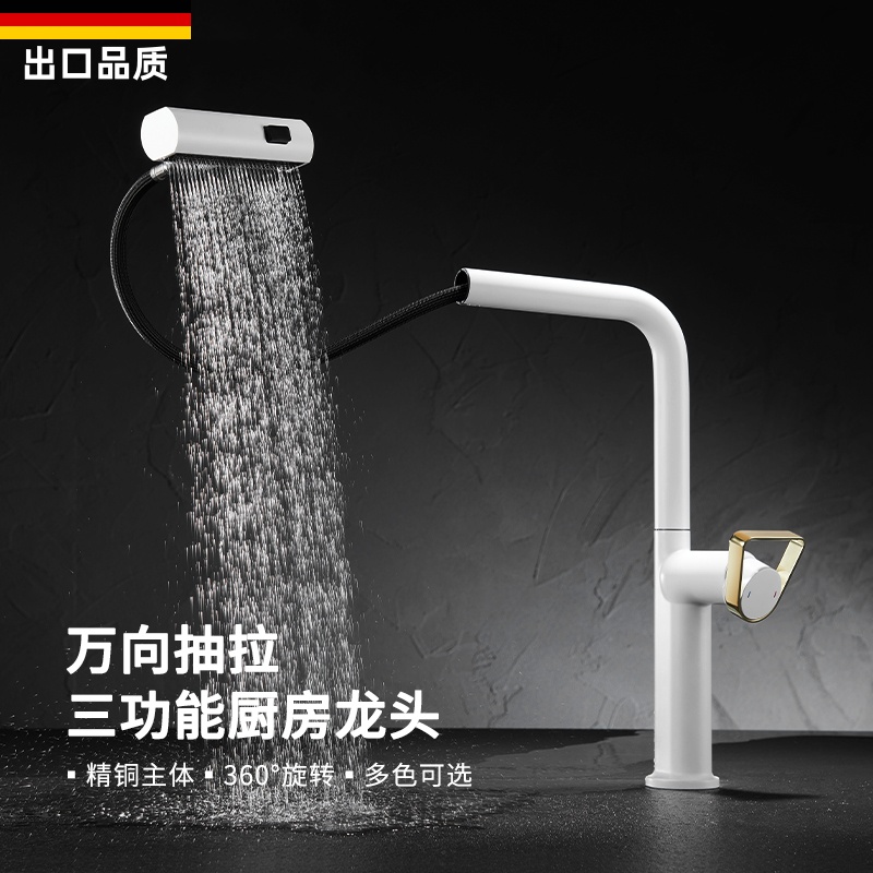 德国白色厨房冷热水龙头全铜菜盆水槽旋转抽拉伸缩飞雨枪灰色龙头