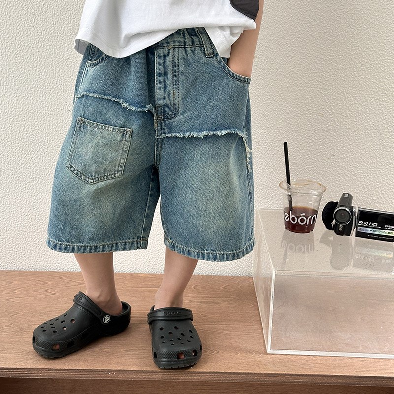 儿童2024夏毛k边竹节牛仔短裤男女童裤子宝宝热裤砂洗棉拼接五分