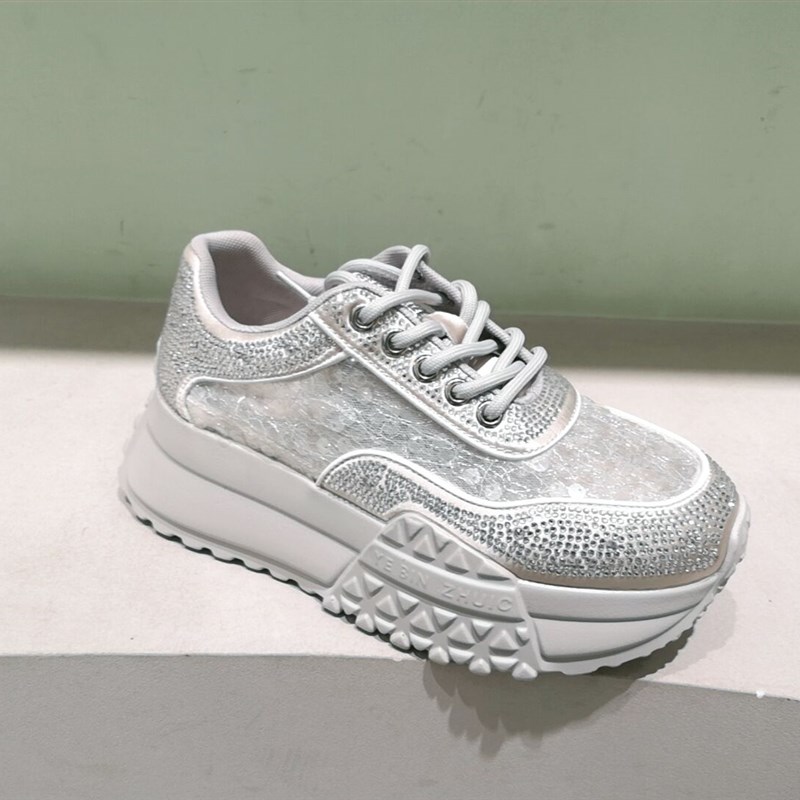 2025夏季新款真皮女鞋小个子厚底增高小白鞋透气网水钻亮片休闲鞋