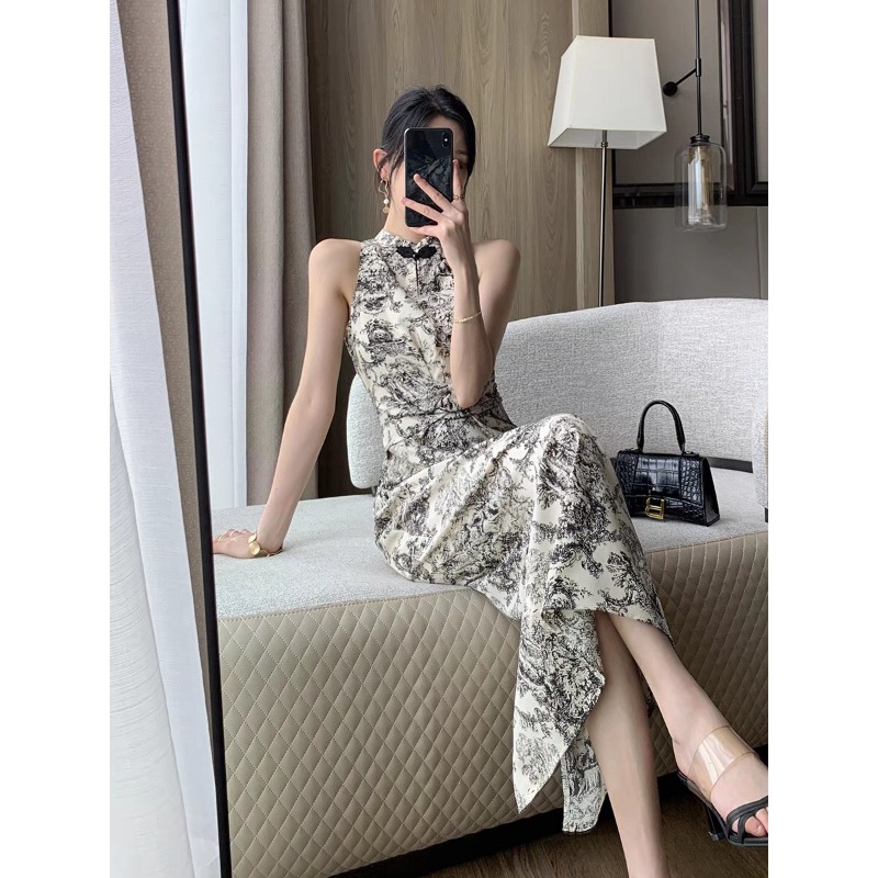 复古国风水墨画新中式旗袍连衣裙女夏季收腰显瘦气质高级感开叉裙