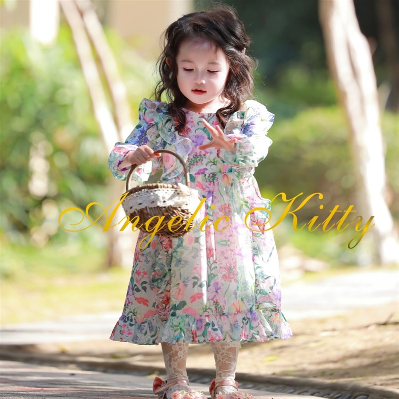 女童甜美小清新连衣裙2023春秋款碎花裙儿N童荷叶边洋.气裙子春季