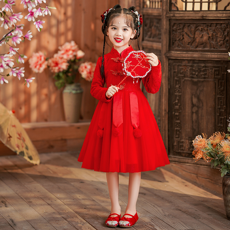 女童汉服秋冬新h款中国风连衣裙儿童公主裙N唐装拜年服网纱蓬蓬裙