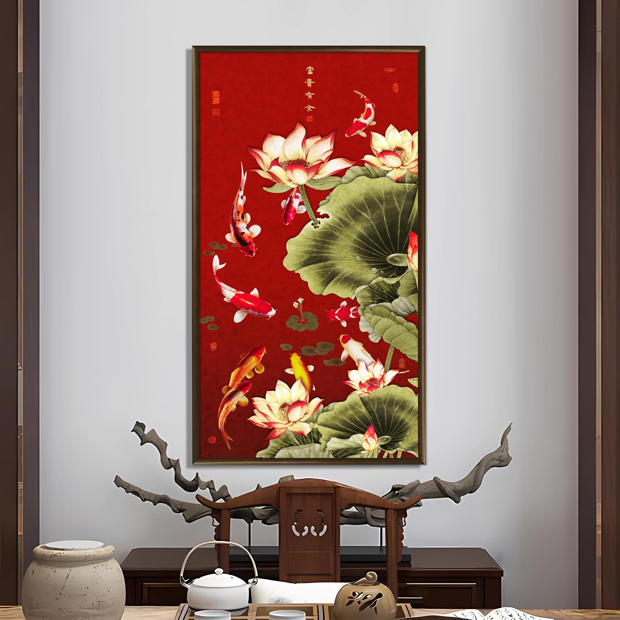 荷花九鱼/铜雕画走廊挂画家庭装饰画新中式挂画手工錾刻画图片