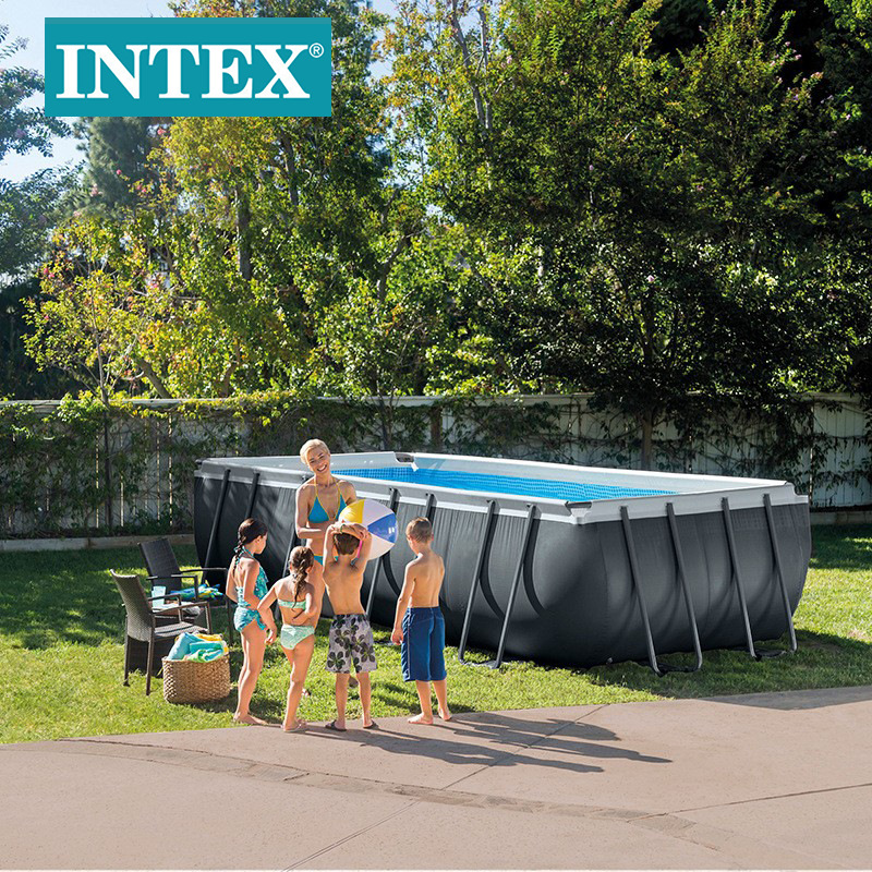 INTEX26356家庭游泳池18尺深灰色长方形管架水池套装水上乐园