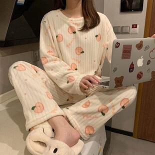 宽松睡衣家居服新款 两件套2024 可外可爱秋冬薄绒女长袖 秋冬穿套装