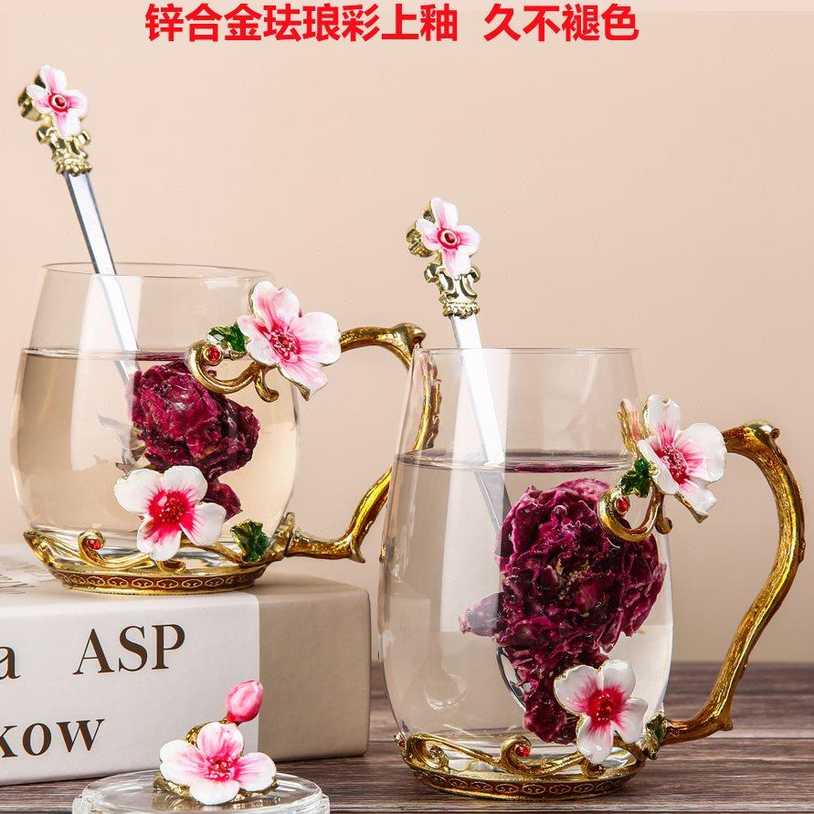 珐琅彩水杯简约少女心可爱便携玻璃咖啡杯创意个性潮流茶杯子套装