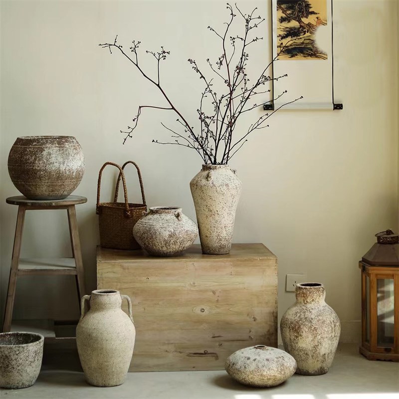侘寂风民宿陶罐复古花瓶粗陶摆y件客厅插花干花器仿古花盆家居装