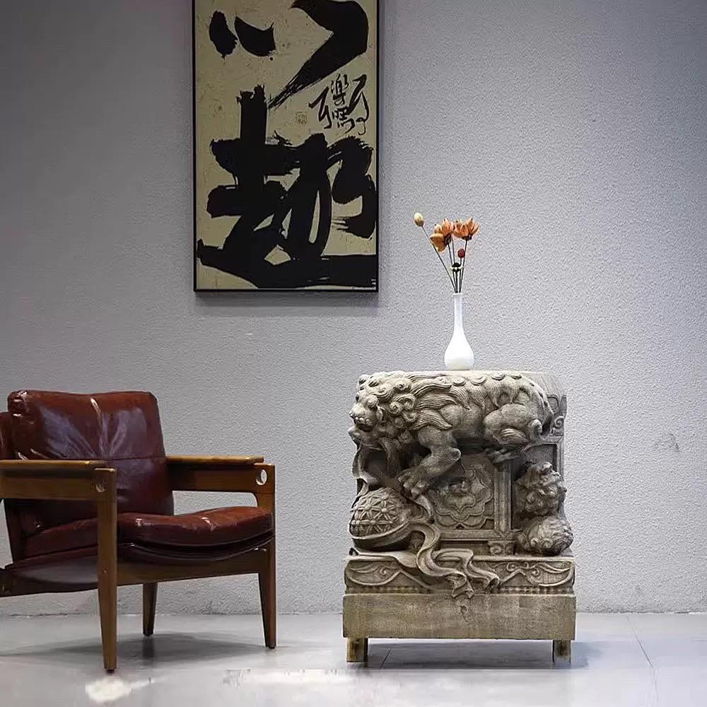 明清仿古石雕石墩门墩青石底座狮子绣球石墩子柱顶石老旧石器石座