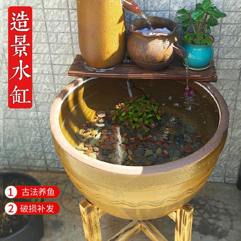 古法生态鱼缸土大缸睡莲花盆缸陶瓷造景养乌龟甲鱼瓦缸老式大水缸