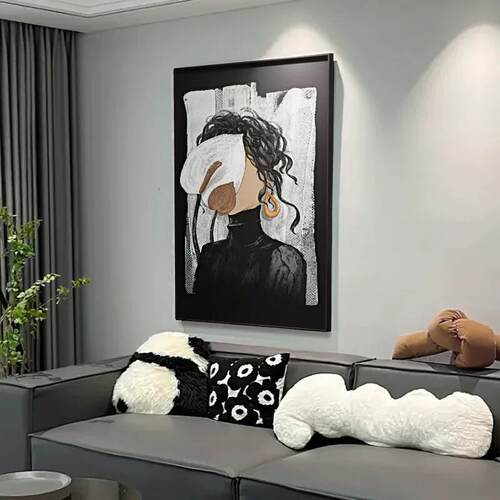 黑白灰现代客厅装饰画高级感沙发背景墙挂画艺术人物卧室床头壁画