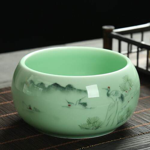 青瓷手绘大号茶洗陶瓷茶渣缸带盖水洗茶杯盆器皿茶具配件水盂笔洗