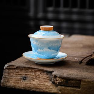 功夫茶具防烫手抓三才茶碗 釉下手绘堆雕填彩盖碗茶杯家用陶瓷中式