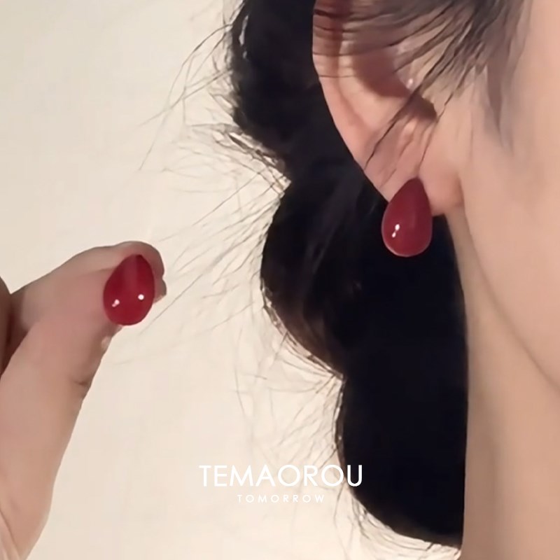 超级显白!夏季i新款复古水滴红色耳钉女新中式耳饰气质适合方圆脸