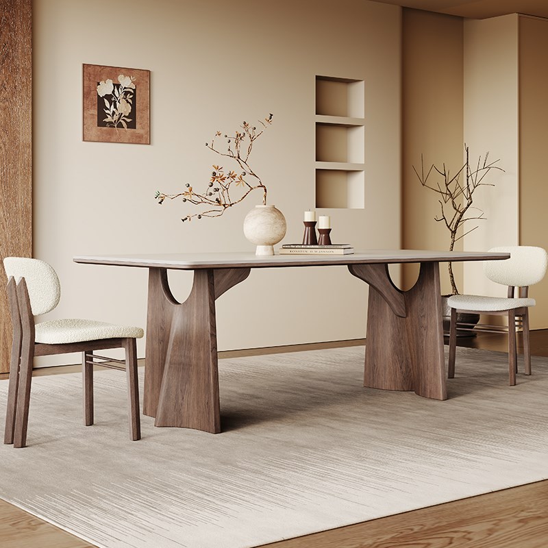 纯白岩板餐桌长i方形家用简约现代2024新款意式轻奢侘寂风实木餐