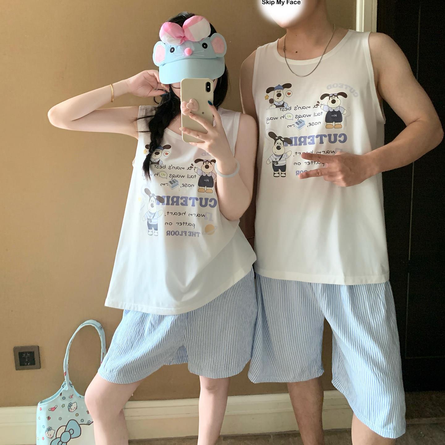 可爱小狗情侣睡衣女夏季背心短裤一男一女薄款家居服男士套装夏款