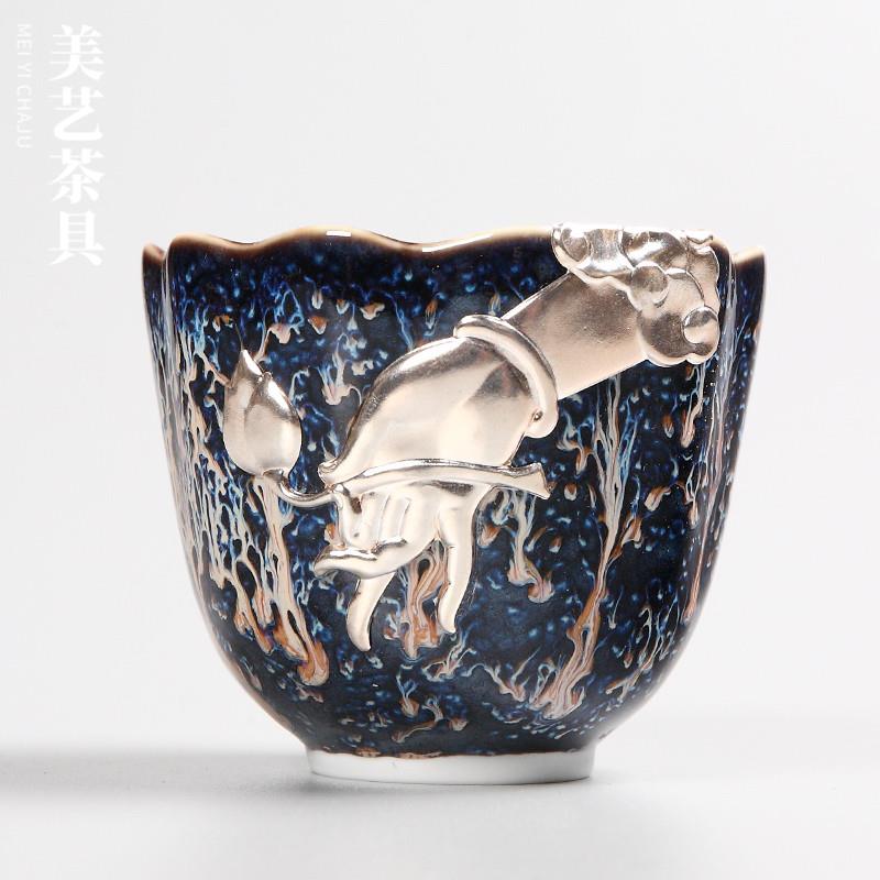 窑变天目孔雀釉镶银建盏茶杯主人杯陶瓷佛手茶盏品茗茶具单小茶杯