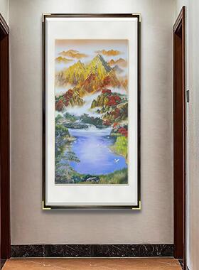 新中式玄关手工铜雕装饰画入户正对门山水画过道竖款日照金山挂画