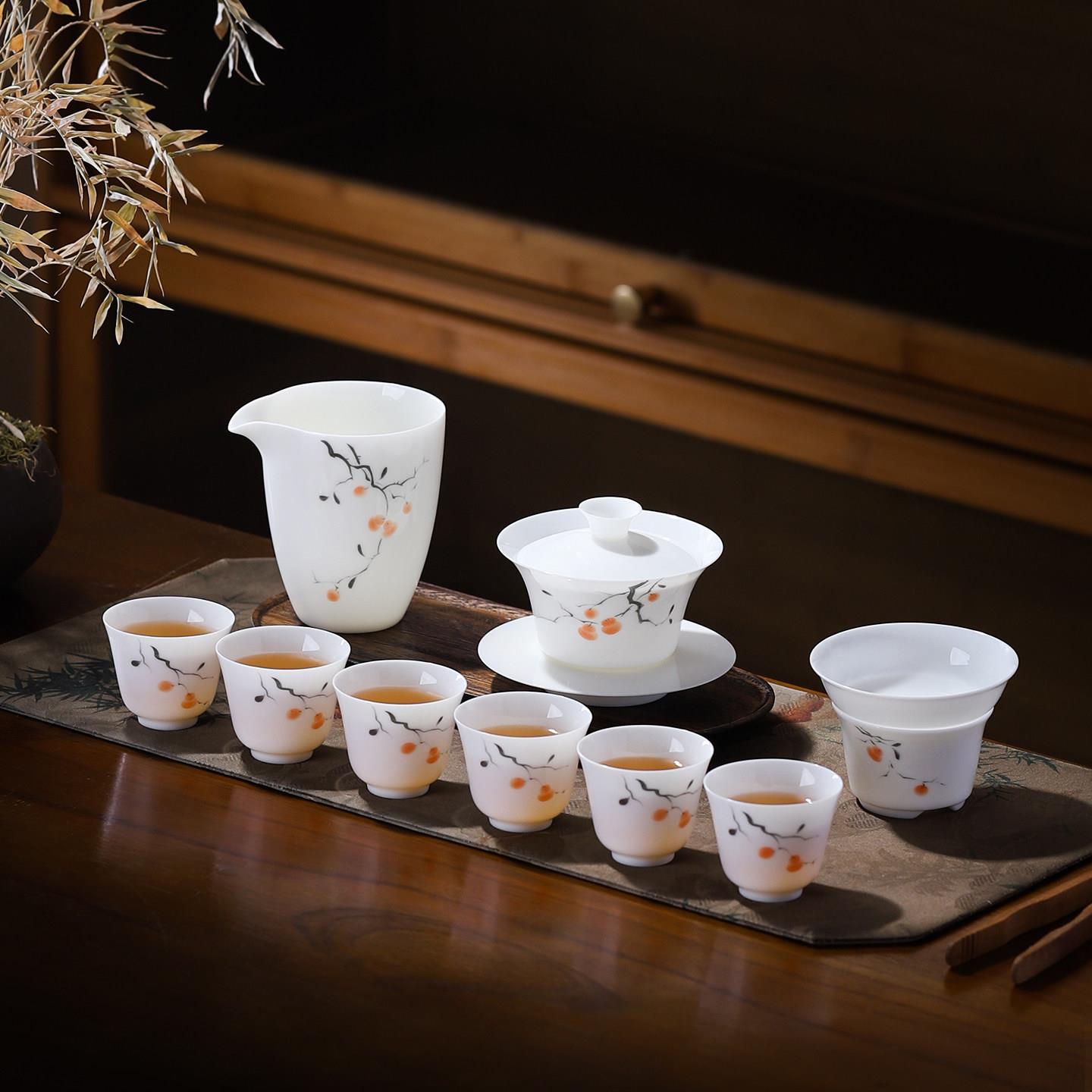 新款薄胎手绘茶具套组轻奢茶杯功夫盖碗白瓷柿子高档家用整套陶瓷