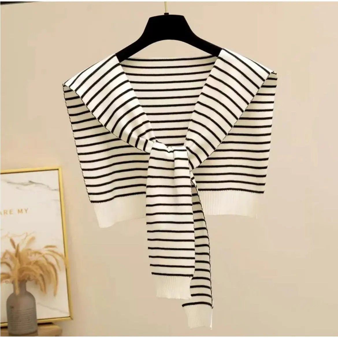 白色条纹外搭小披肩针织打结女韩版百搭装饰假领子围巾春夏秋搭肩