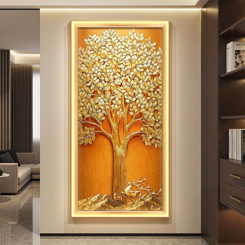 3D麋鹿装饰画浮雕立体感发财树走廊轻奢入户壁画带灯挂画尽头玄关