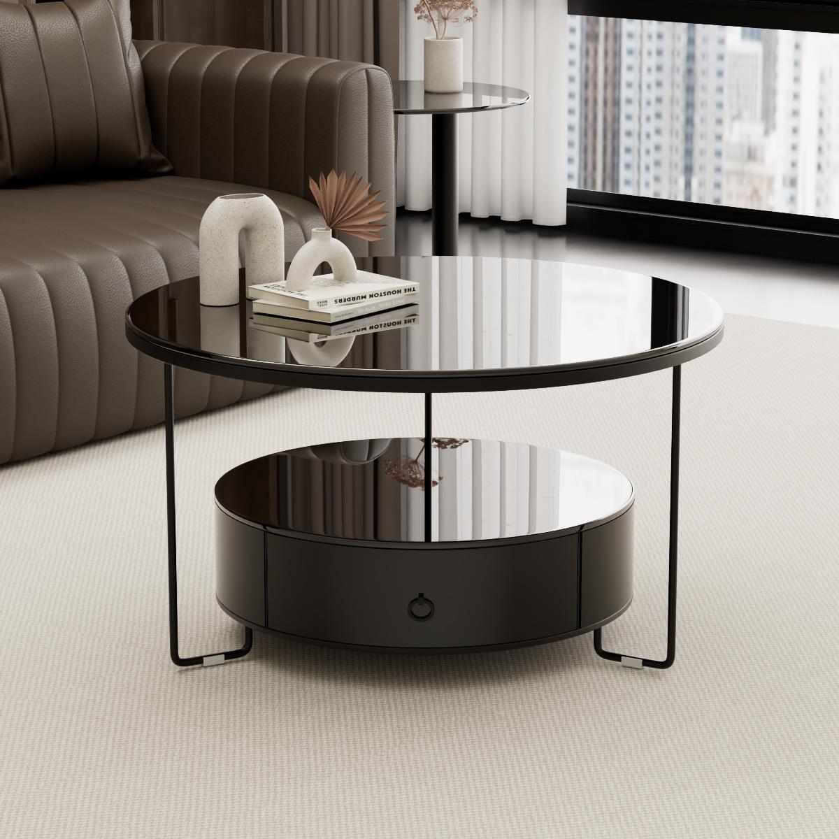 网红玻璃圆形简约收纳桌现代高级风茶几轻奢家居沙发旁带抽屉圆几