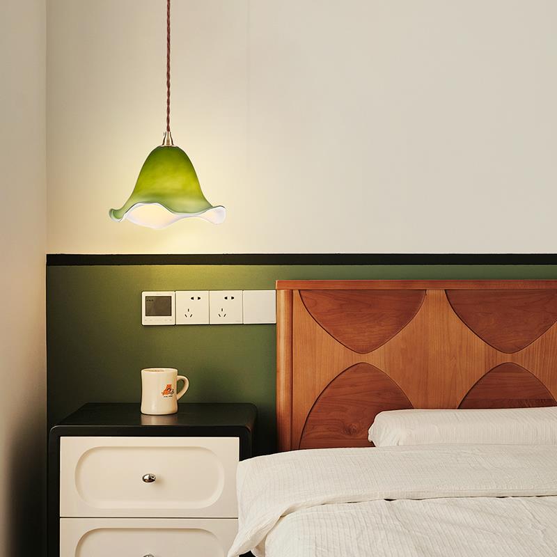 法式覆古卧室床头吊灯中古风绿色玻璃花朵客厅玄关过道装饰氛围灯