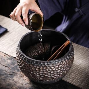 复古鎏金铁釉家用建水2升茶渣缸茶具杯洗粗陶笔洗 特大号锤纹茶洗