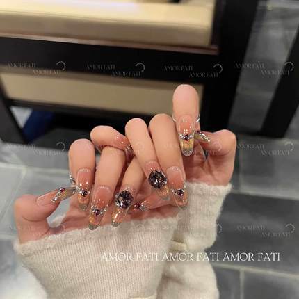 【玫瑰泪】覆古风璀璨爆闪粉金微笑猫眼精品K9钻中长款手工穿戴甲