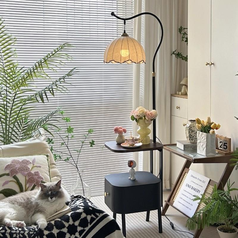 中古风落地灯卧室床头柜台灯一体客厅沙发旁边置物架氛围感钓鱼灯