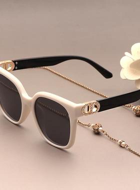 新款高级感墨镜女士防晒偏光太阳镜韩版潮方形白色镶钻开车专用镜