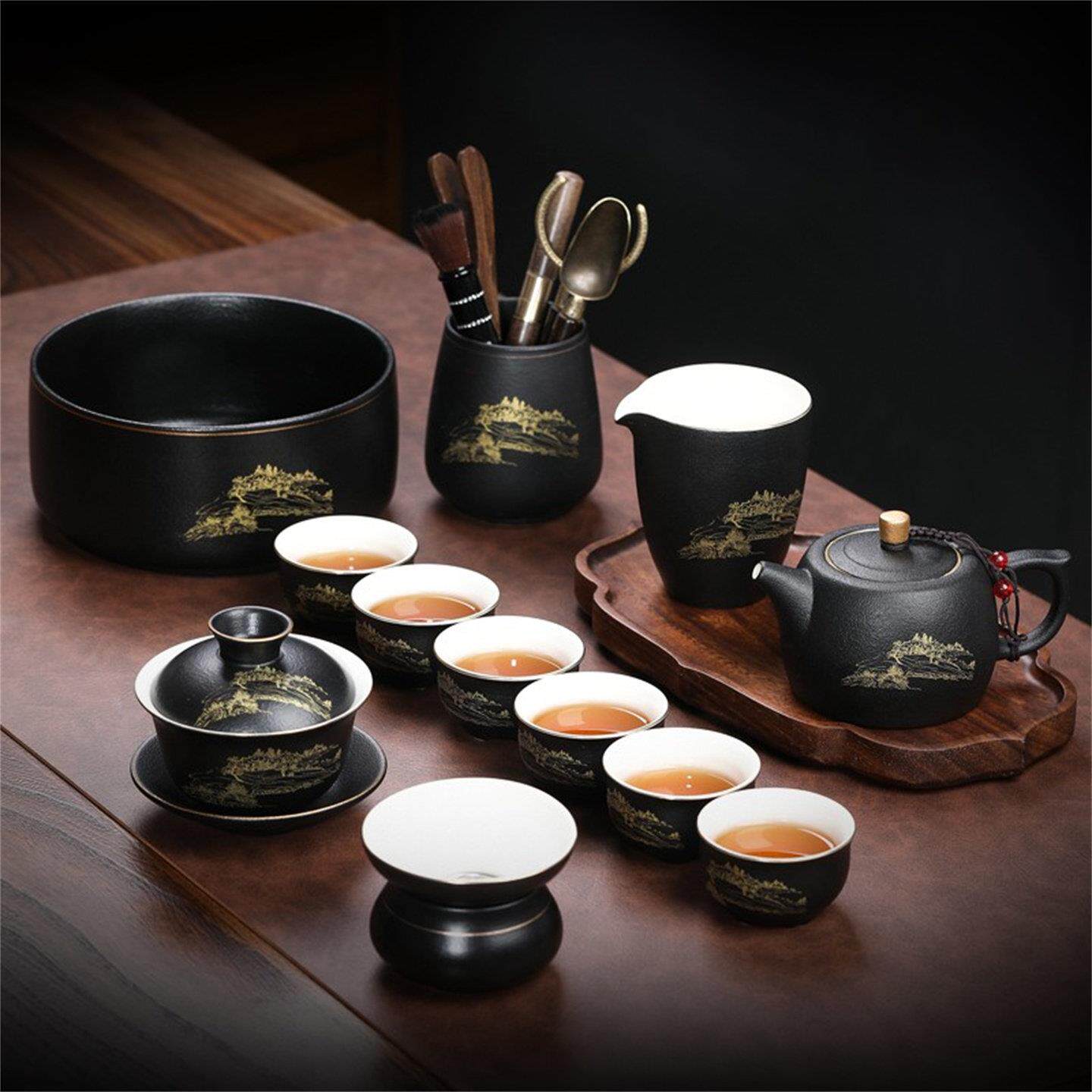 陶瓷茶具套装泡茶壶茶杯子粗陶黑杯具紫砂家用盖碗功夫喝茶办公室