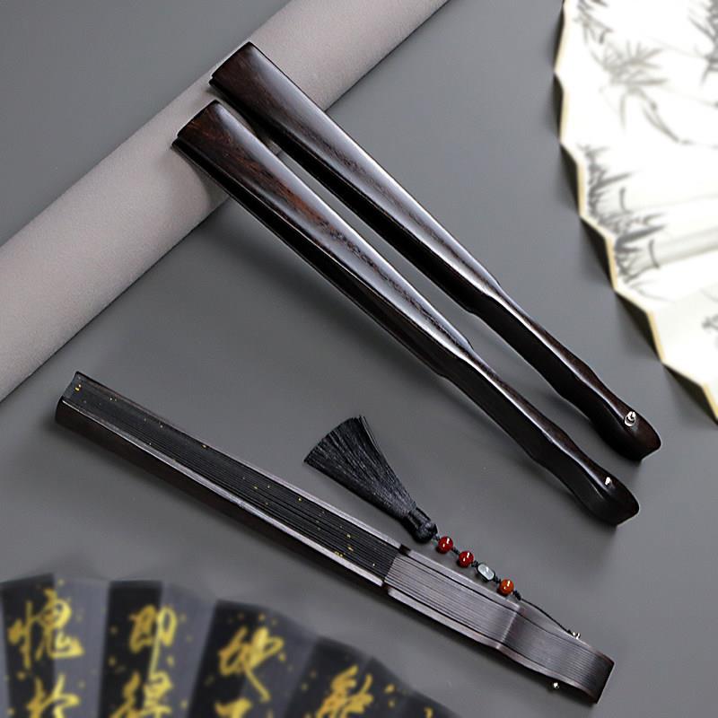 乌木苏工宣纸文玩折扇紫光檀木质全芯绢布扇子中国风古典题字折扇