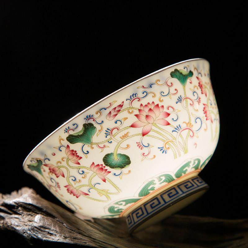 景德镇古董陶瓷碗粉彩莲花高碗面碗盘勺碟组合餐具骨瓷碗,餐饮具,碗,淘宝优惠券,粉丝福利购,淘宝优惠卷