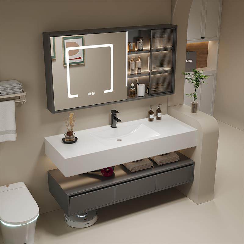 酒店风岩板陶瓷无缝一体盆智能浴室柜组合洗手洗脸化妆室洗漱台池