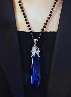 秋冬长款百搭蓝色水晶毛衣链网红时尚民族风吊坠气质优雅大气项链