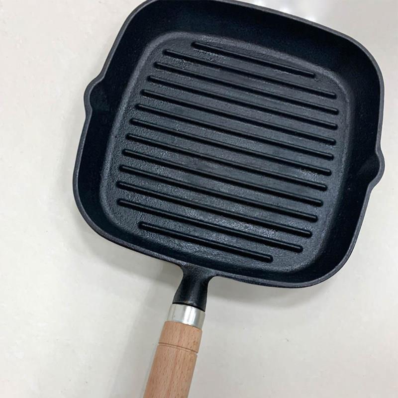铸铁木柄煎锅加厚生铁条纹平底锅 无烟牛排专用煎锅