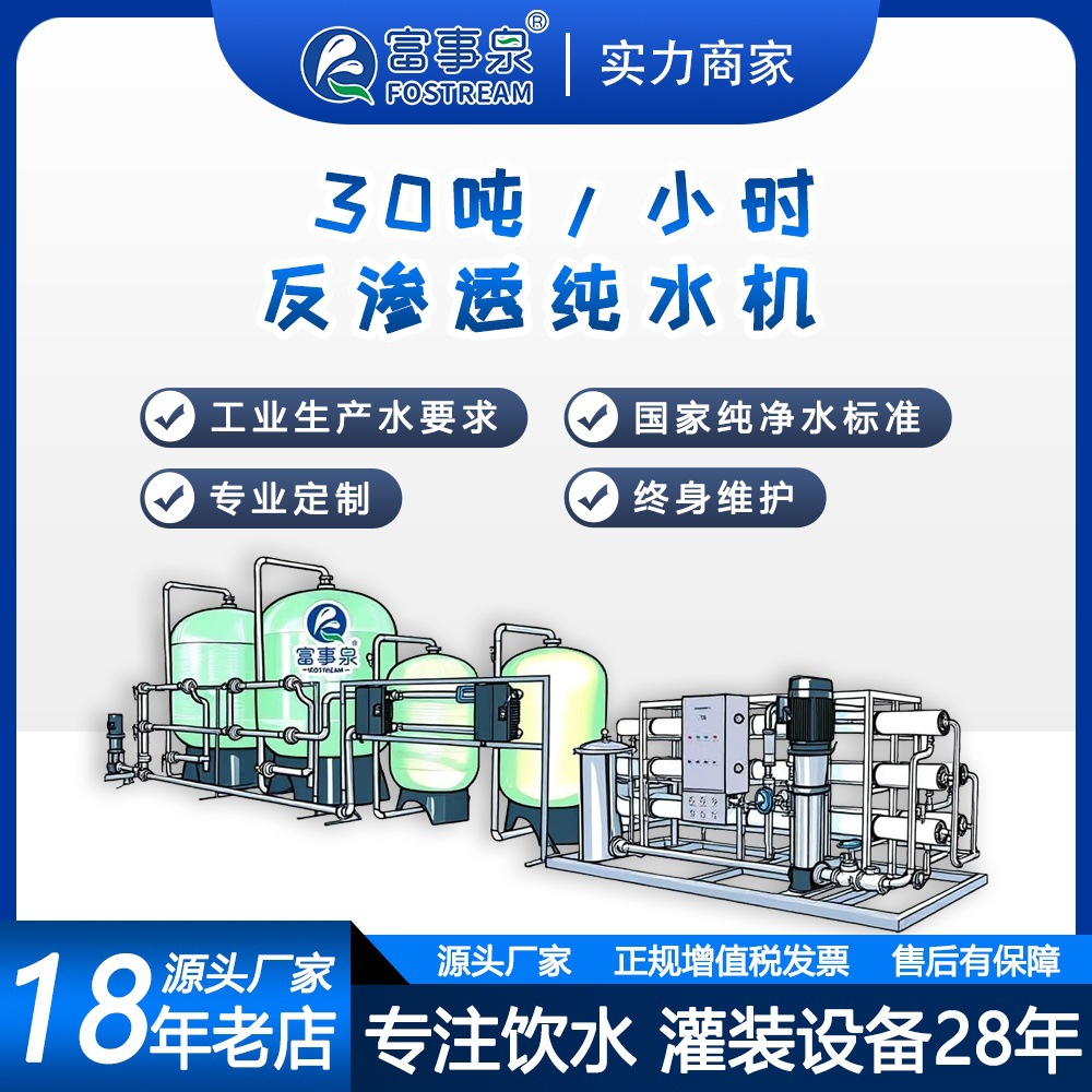 广东富事泉江门厂家制造30吨每小时大型软化反渗透纯净水处理设备