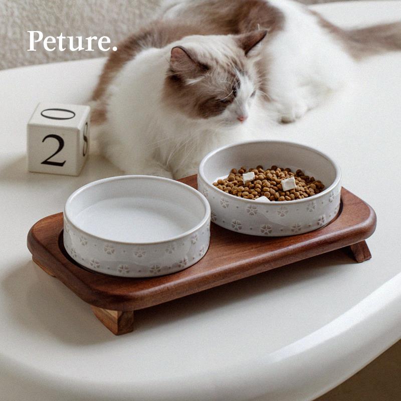 Peture中古风陶瓷浮雕猫碗大容量防滑狗粮碗猫咪饮水碗双碗宠物碗