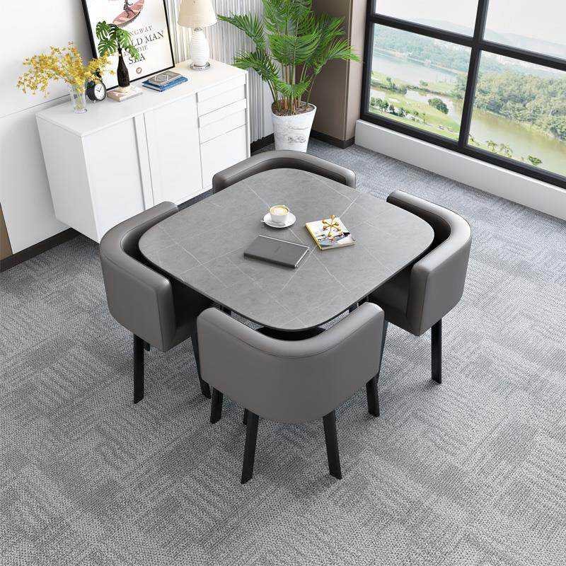 小户型岩板方餐桌椅组合店铺会客4S店接待洽谈一桌四椅休闲小圆桌