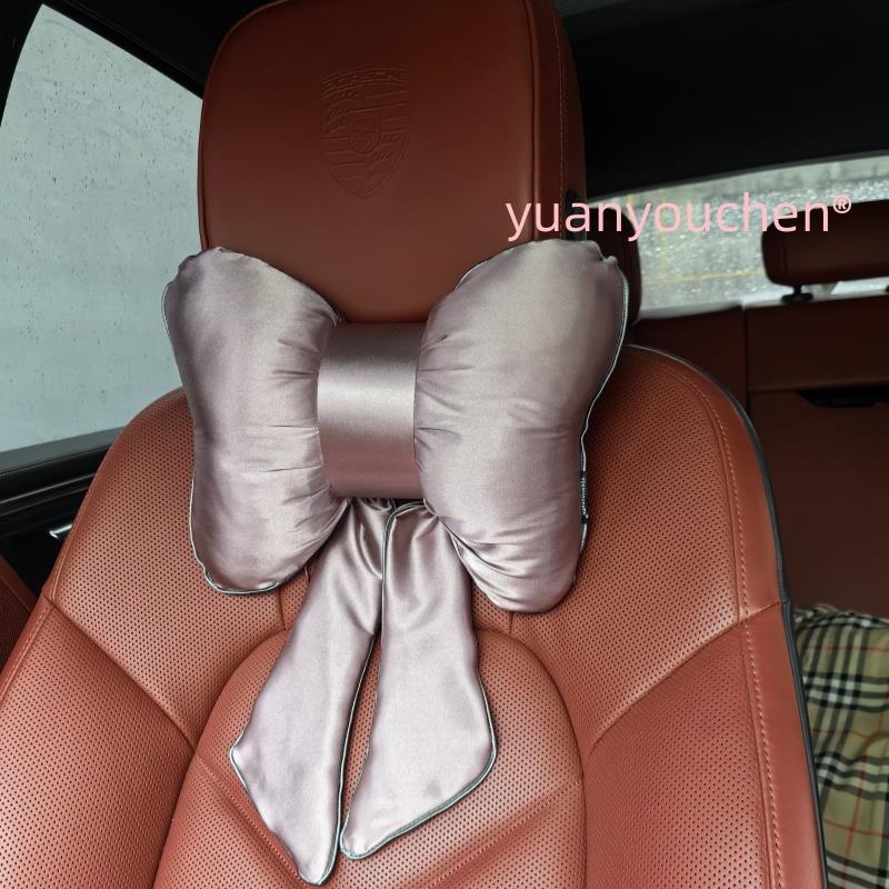 莫兰蒂紫色飘带蝴蝶结高弹丝缎面汽车枕头高级车载头枕腰靠