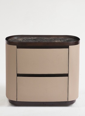 意式极简实木床头柜马鞍皮岩板轻奢高级感卧室床头储物柜新款斗柜